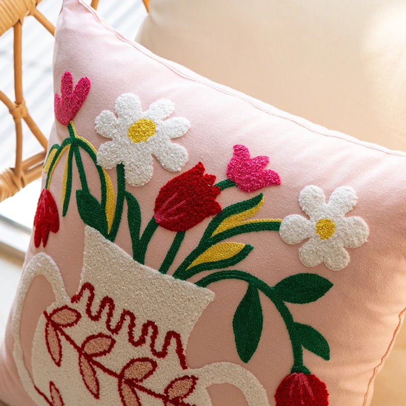 Embroidered Flowers in a Vase Cushion Cover