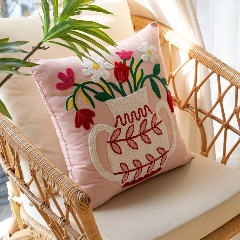 Embroidered Flowers in a Vase Cushion Cover