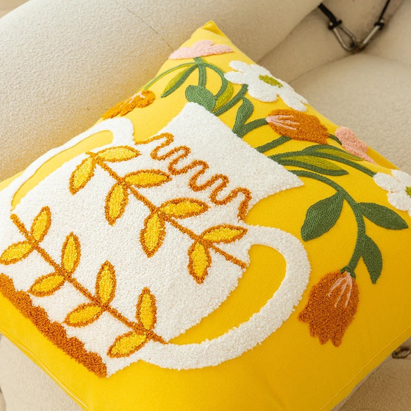 Embroidered Flowers in a Vase Cushion Cover